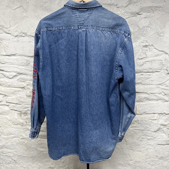 Tommy Hilfiger Blue Denim Long Sleeve Shirt Jean Distressed Faded Vintage 90s - Picture 2 of 14